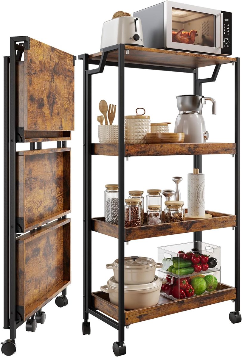 Opvouwbaar Opbergrek met 4 Planken - Verrijdbare Keukentrolley op Wielen - Geen Montage Nodig - Robuust Metalen Frame & Houtlook - 100 cm Hoog - Bruin/Zwart