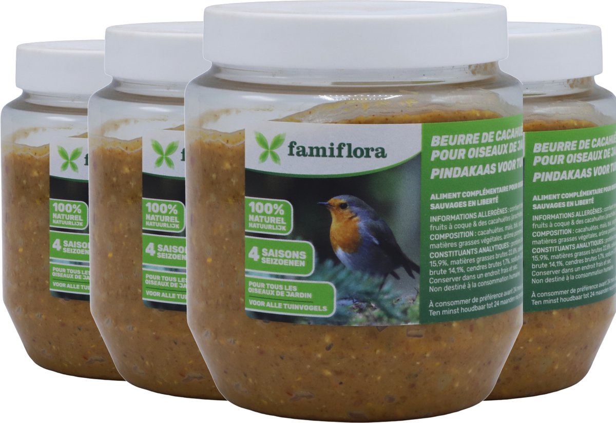 Famiflora vogelpindakaas appel 4x 350GR - Pindakaas voor vogels - Met appelaroma voor een onweerstaanbare smaak voor vogels - Geschikt voor alle tuinvogels zodat ze het hele jaar door gevoed worden