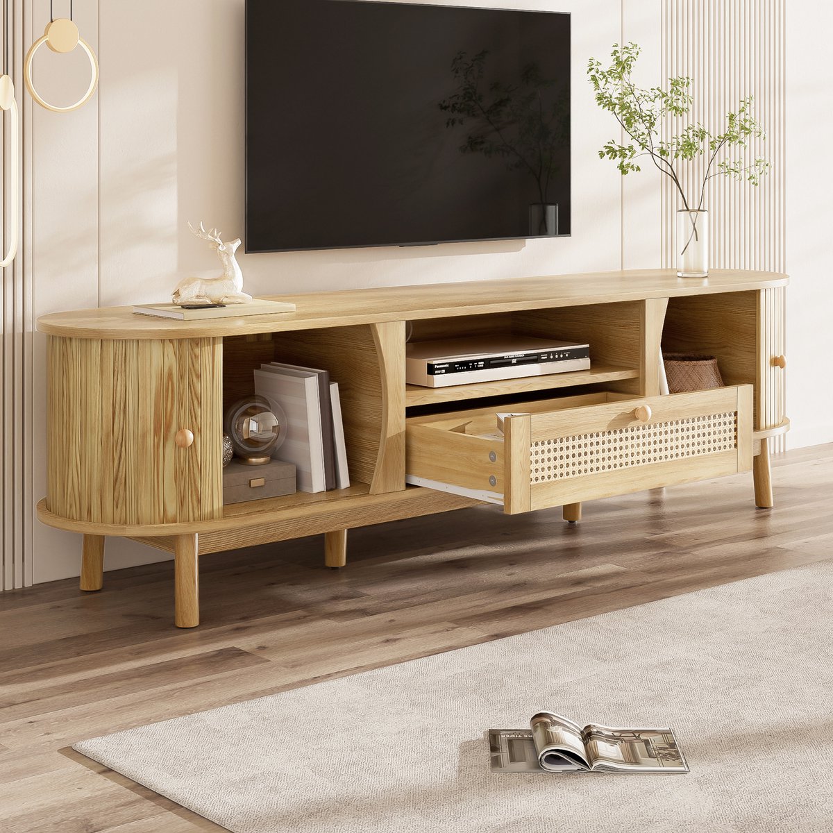 MODENUIT Tv-Meubel - Met Schuifdeur, Rattan Laden En Opbergruimte - Voor Woonkamer - MDF N