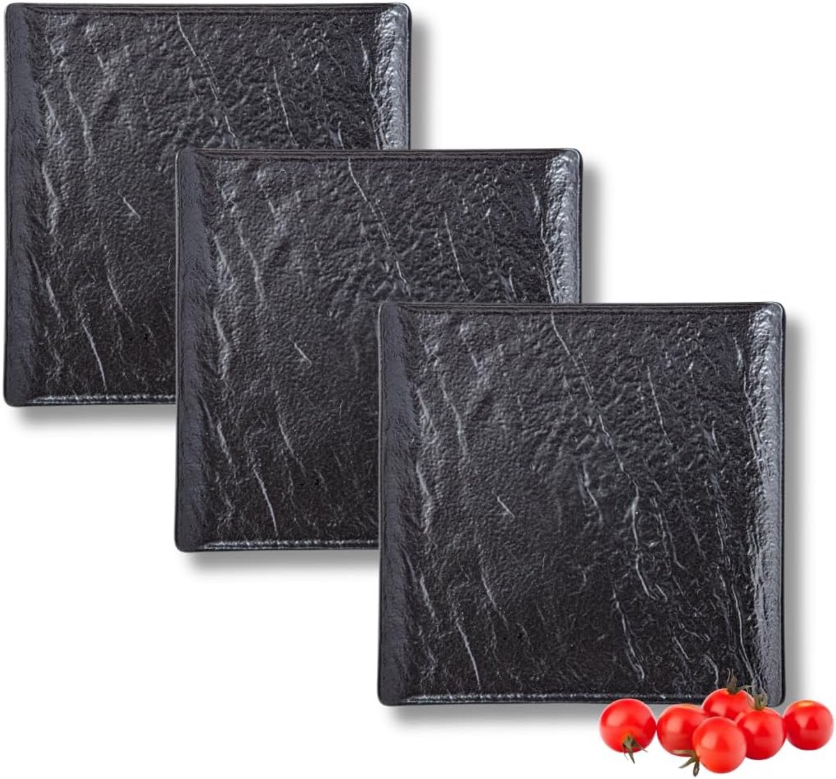 Vierkante Borden - Servies Set - Dagelijks Gebruik - Steenlook Afwerking - 215 x 215 cm - Zwart