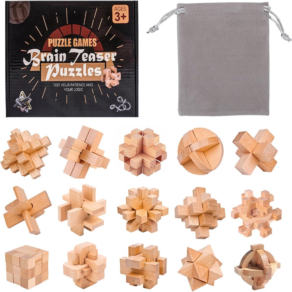 Houten Puzzel Set - Hersenkraker Spelletjes - Logisch Denken Trainen - 15 Unieke Ontwerpen - 4.5cm Stukjes