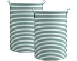 Wasmand Opbergmand Opvouwbaar - Set van 2 - XXL Formaat - Stoffen Wasmand - Voor Wasgoed Speelgoed en Kleding - Groen Gestreept