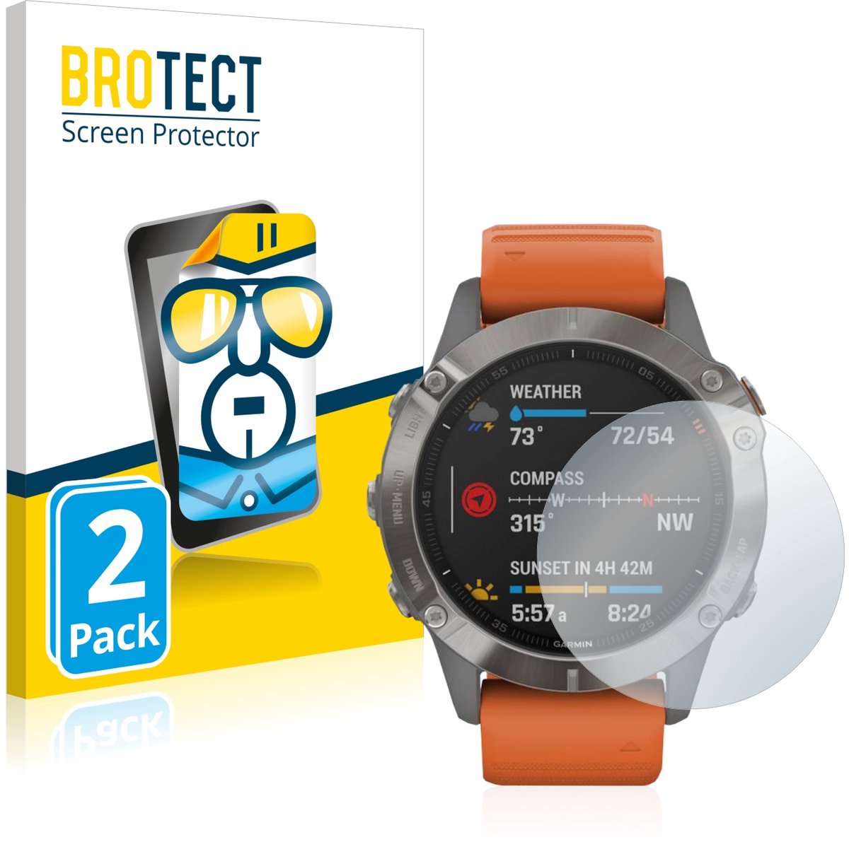 BROTECT - Screenprotector voor Garmin Fenix 6 - Folie Beschermfolie transparant 2 Stuks