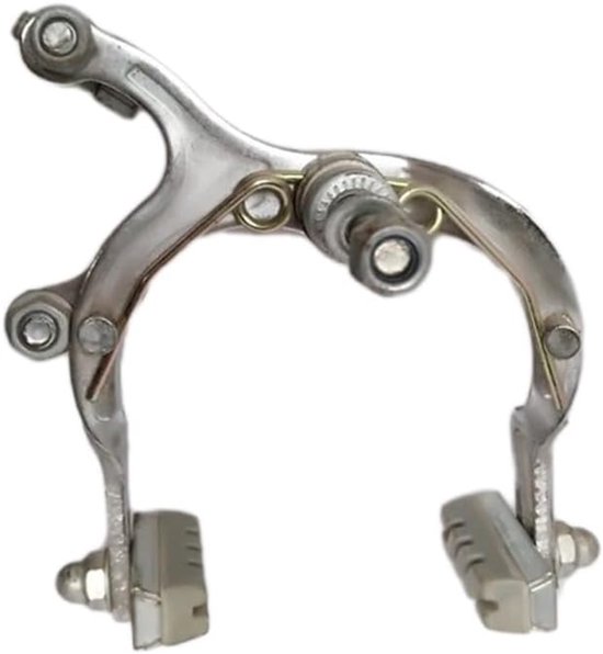 Étriers de frein de vélo argentés avec deux plaquettes de frein gris clair, mécanisme détaillé.