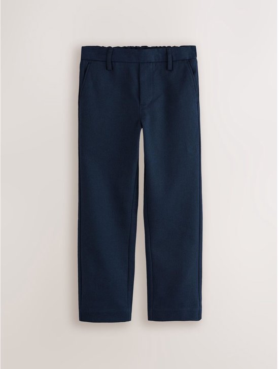 Donkerblauwe jongensen schoolbroek met elastische tailleband en rechte pijpen.