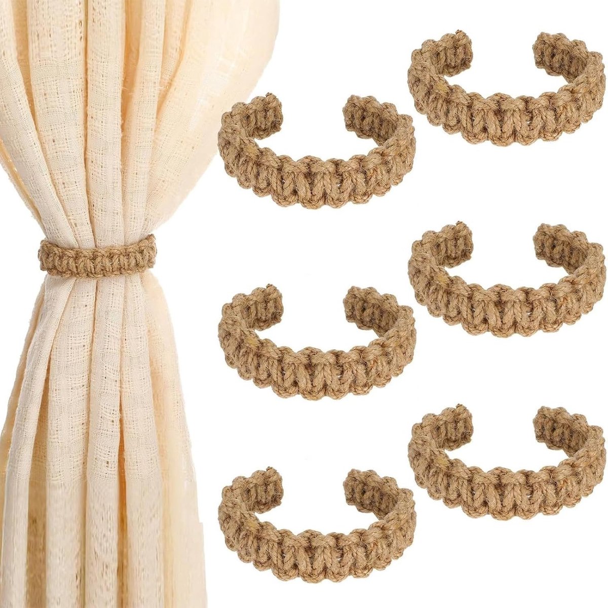 Gordijnvastbinders – Handgeweven banden – Gordijnaccessoires – Decoratieve gordijnen – Bruin – Set van 6