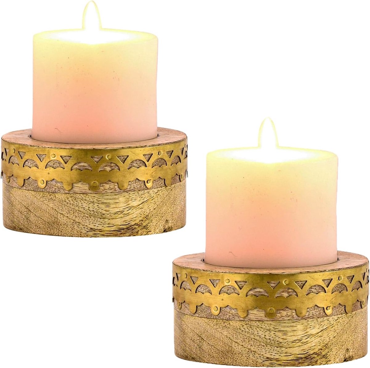 Decoratieve Kaarshouders - Theelichthouders Set - Sfeerverlichting Creëren - Handgemaakt Hout Metaal - 9 cm Diameter - Vintage Goud