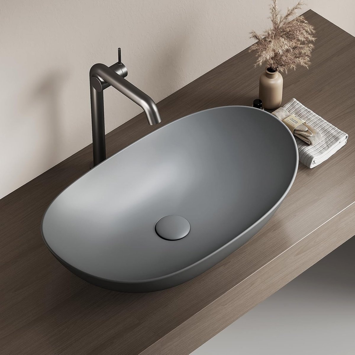 Opzetwastafel Ovaal - Keramiek Wastafel - Badkamer Toilet - Krasbestendig Glazuur - 61.5 x 36 cm - Matgrijs