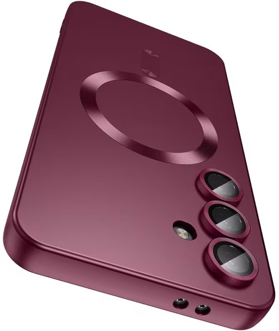 Coque de téléphone bordeaux avec anneau MagSafe et découpe pour triple appareil photo.