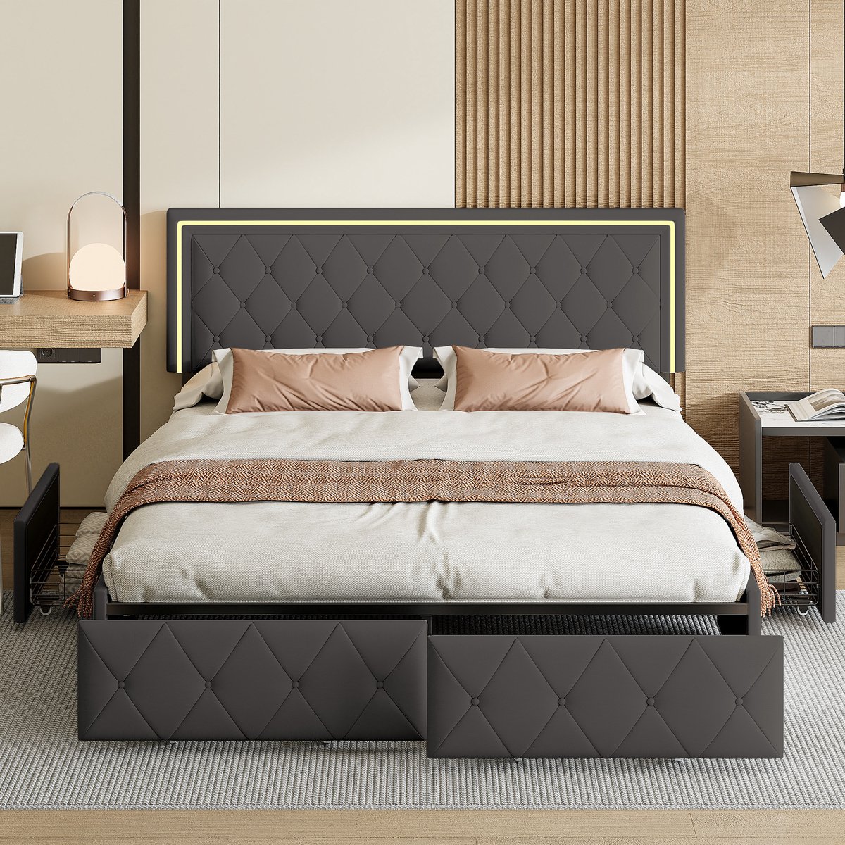 Solvenrik Gestoffeerd Bed 140x200 met Lades & LED – PU Leer Grijs – Tweepersoonsbed met Opbergruimte – Boxspring Stijl – Bedframe met Hoofdbord