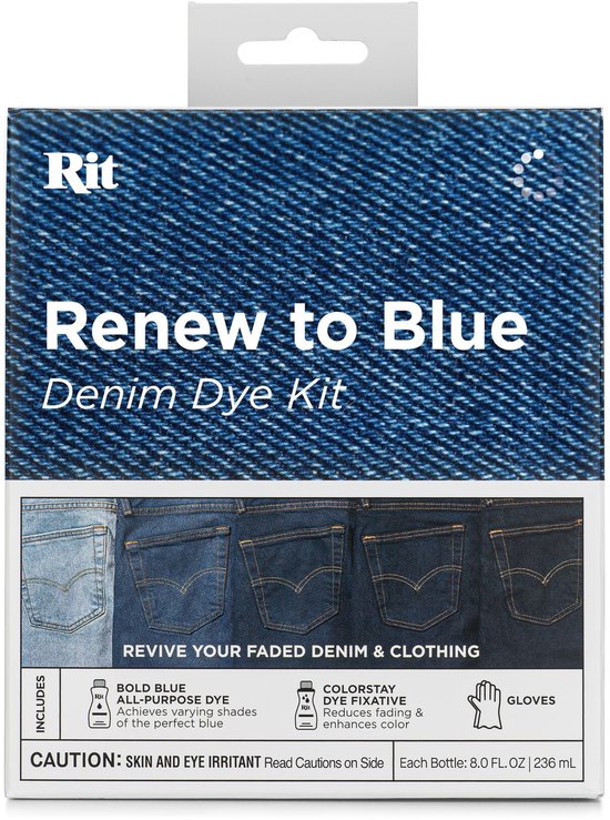 Boîte de kit de teinture pour jeans Rit "Renew to Blue" avec des images de jeans dans différentes nuances de bleu.
