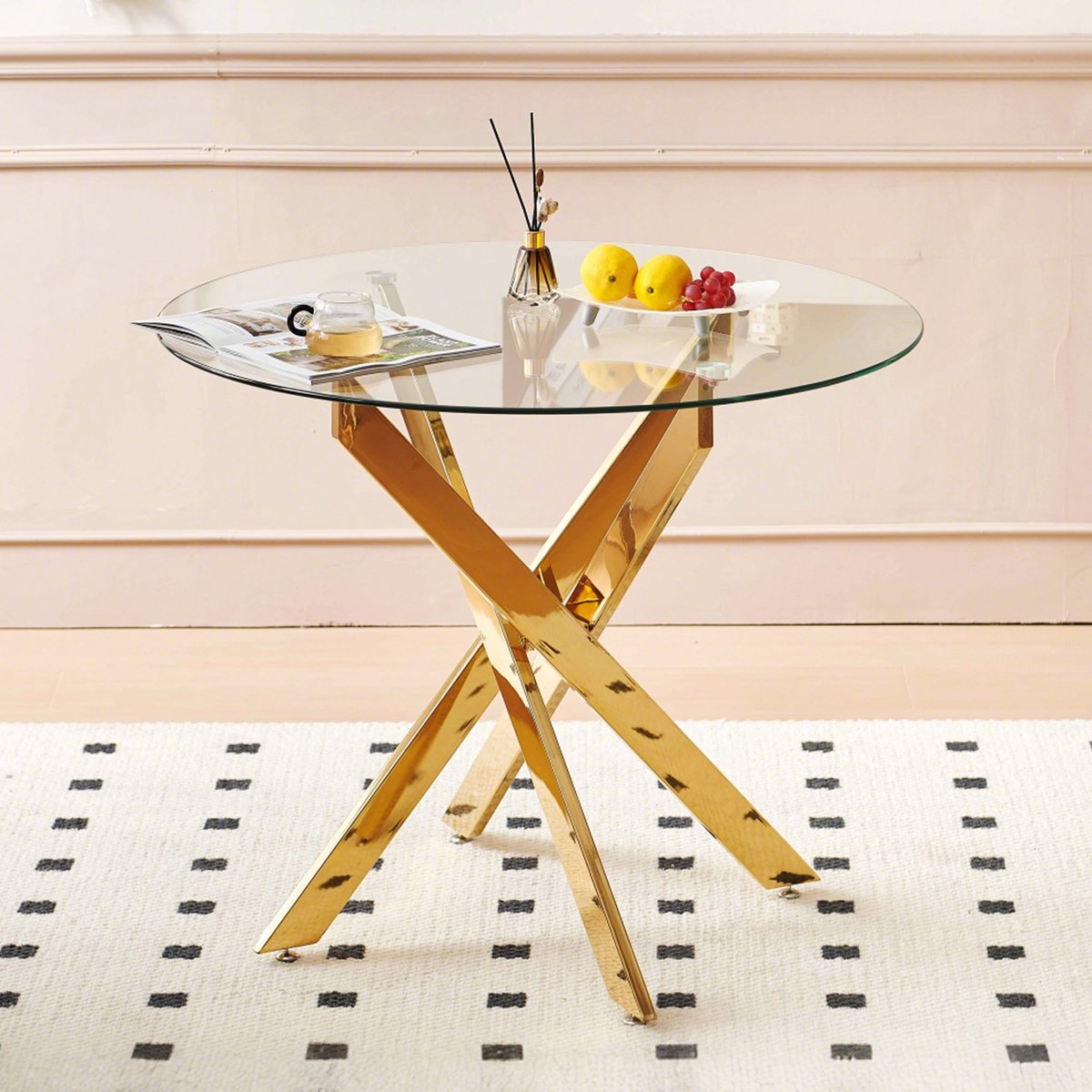 Merax Ronde Eettafel Ø80 cm Glas – Moderne Keukentafel met Gouden Metalen Kruispoten – Compacte Eettafel voor 2-4 Personen