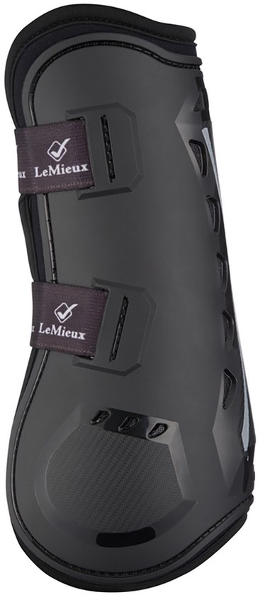 Zwarte paardenscheenbeschermer met LeMieux logo en klittenbandsluitingen.
