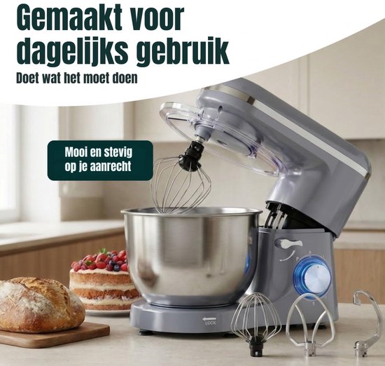 RONN® Mixer met Mengkom - Keukenmachine - Mixer - 6 Liter Mengkom - Grijs - 39cm x 24cm x 32cm van Merkloos — afbeelding 5