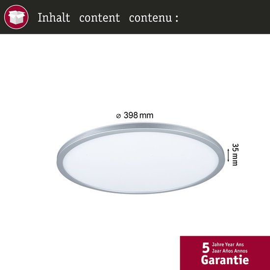 Rond LED paneel, 398 mm diameter, 35 mm hoog, met zilverkleurige rand.