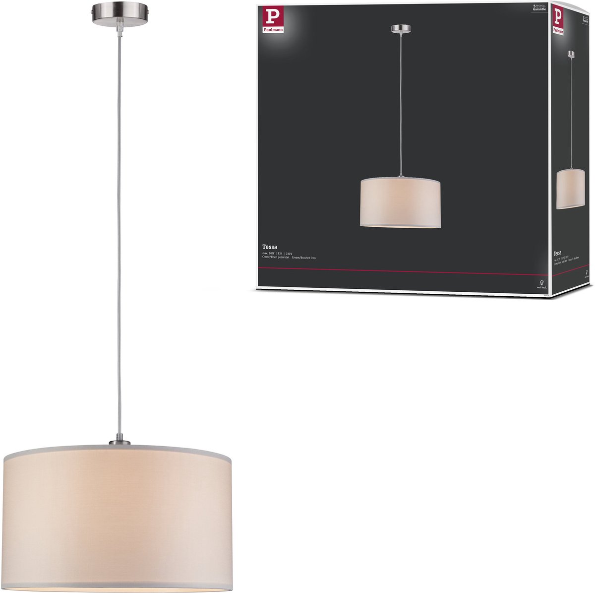 Hanglamp Tessa E27 max. 60W Crème, Staal geborsteld dimbaar