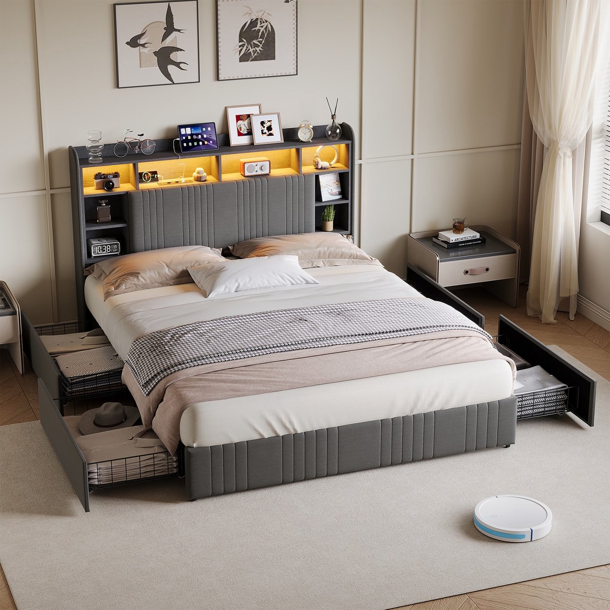 ROSAHQNDA Kinderbed gestoffeerd 140x200cm met LED & USB & 4 lades, moderne opbergruimte aan het hoofd, meisjesbed, jeugdbed, linnen stof, lattenbodem, zonder matras grijs