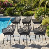 EGGREE Tuinstoelen voor buiten - set van 6 - kunststof stoelen met armleuningen en metalen poten - tuinstoelen voor buiten voor het terras - balkon - eetkamer en woonkamer - rugleuning met opengewerkt ontwerp - zwart