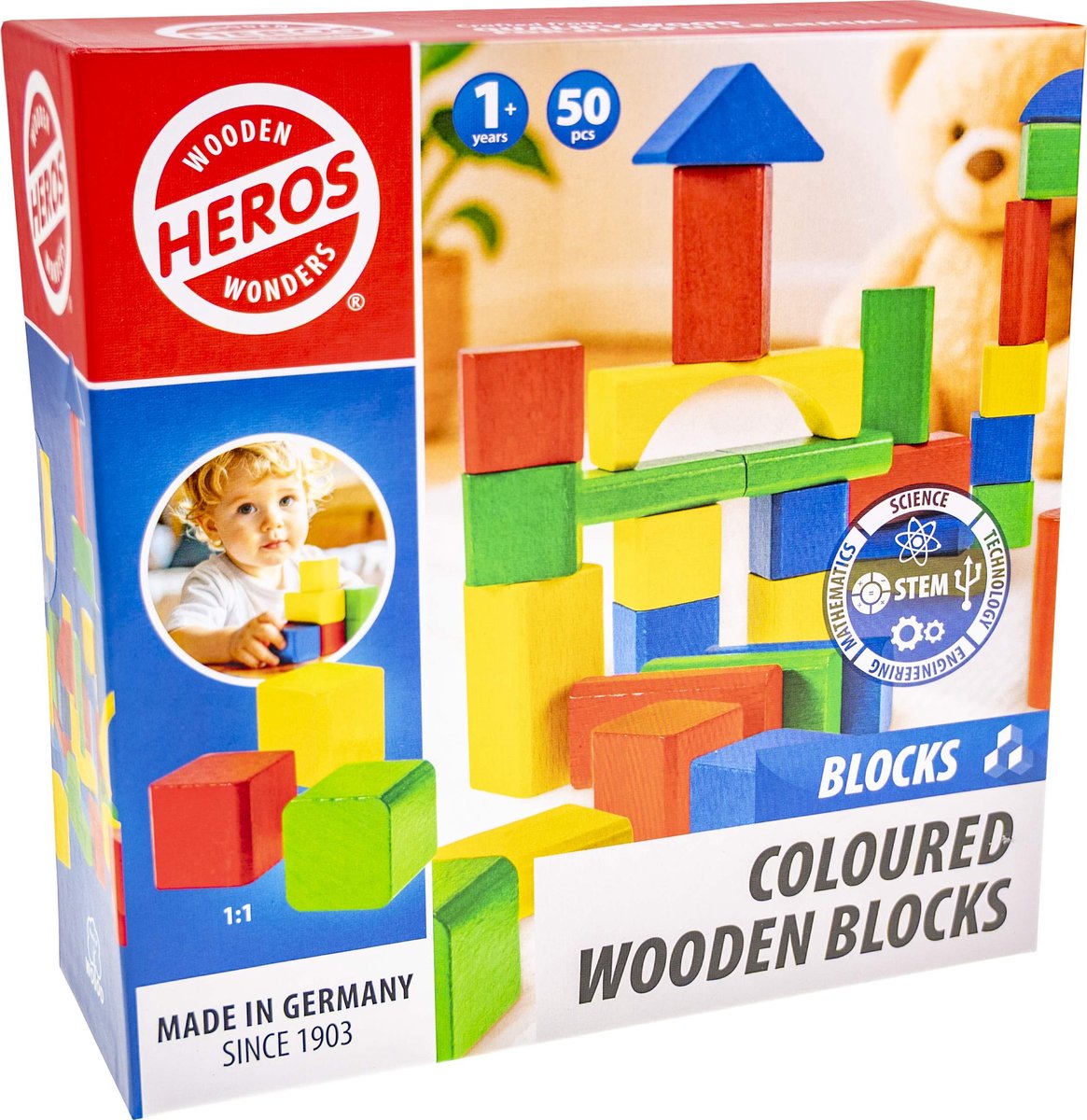 Heros Houten Blokken Gekleurd – Blokken – 50 Bouwblokken – Compacte Doos – FSC Hout – Gemaakt in Duitsland – Creatief Bouwen – Vanaf 1 Jaar