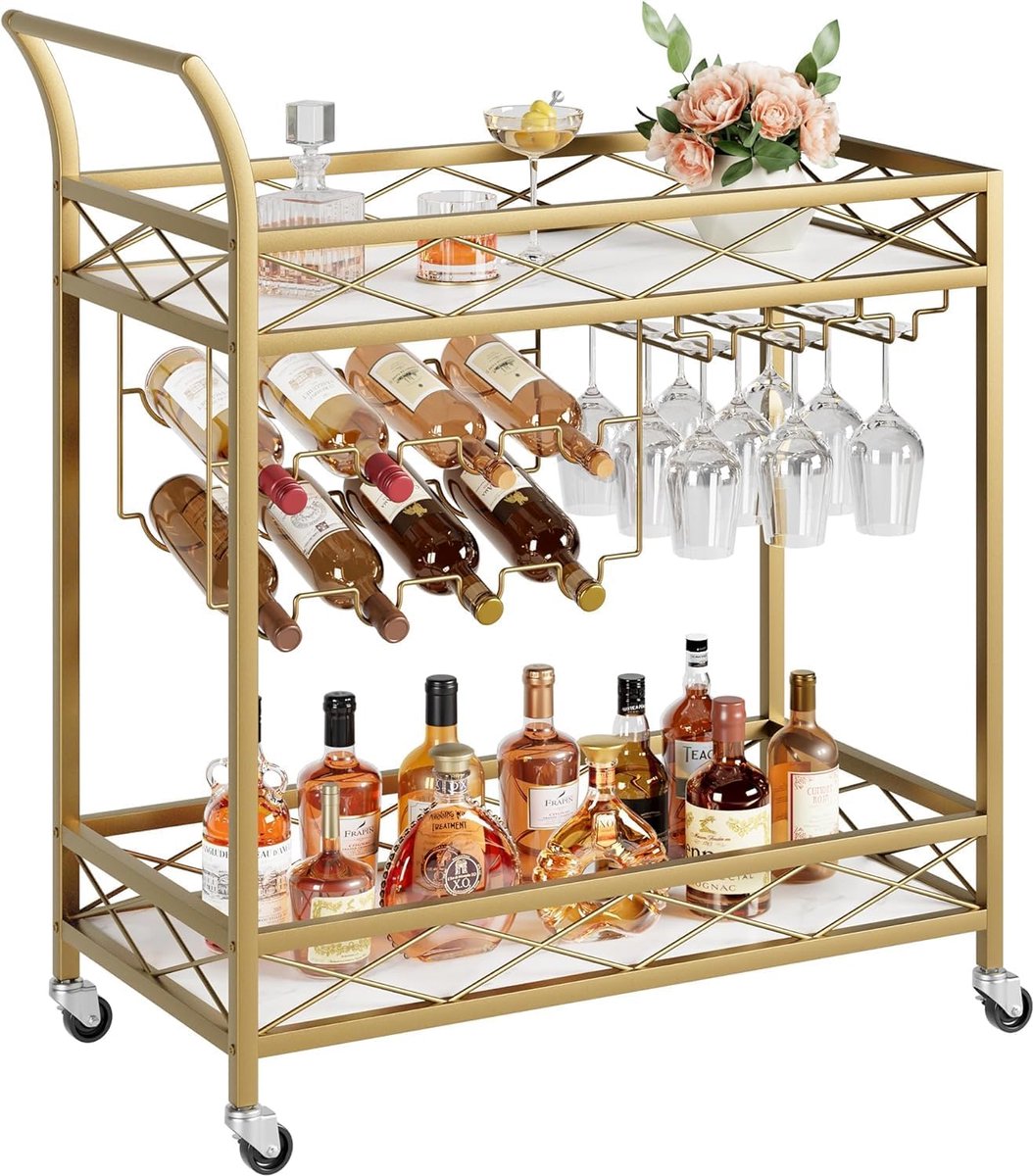 Luxe Gouden Serveerwagen op Wielen - Bartrolley met Wijnrek & Glazenhouder - Keukentrolley 2 Lagen - 80x39x92 cm