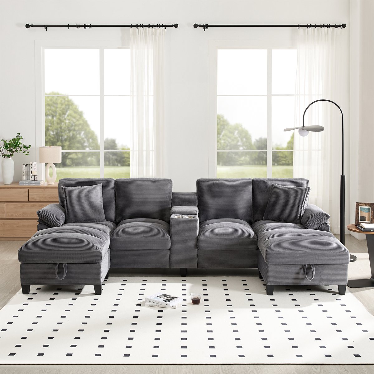 MODFU U-Vormige Hoekbank - Met Opbergruimte En Usb-Aansluitingen - Modulair - Voor Woonkamer - Corduroy - Grijs - 293 X 142 X 93 Cm