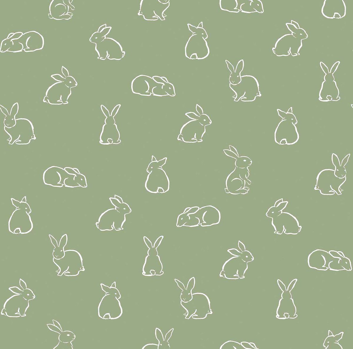 Behang - Kinderkamer – Konijnen – Silhouetten – Wit – Groen - Babykamer - Kinderbehang - Konijntjes- 0,53 x 10,05 M