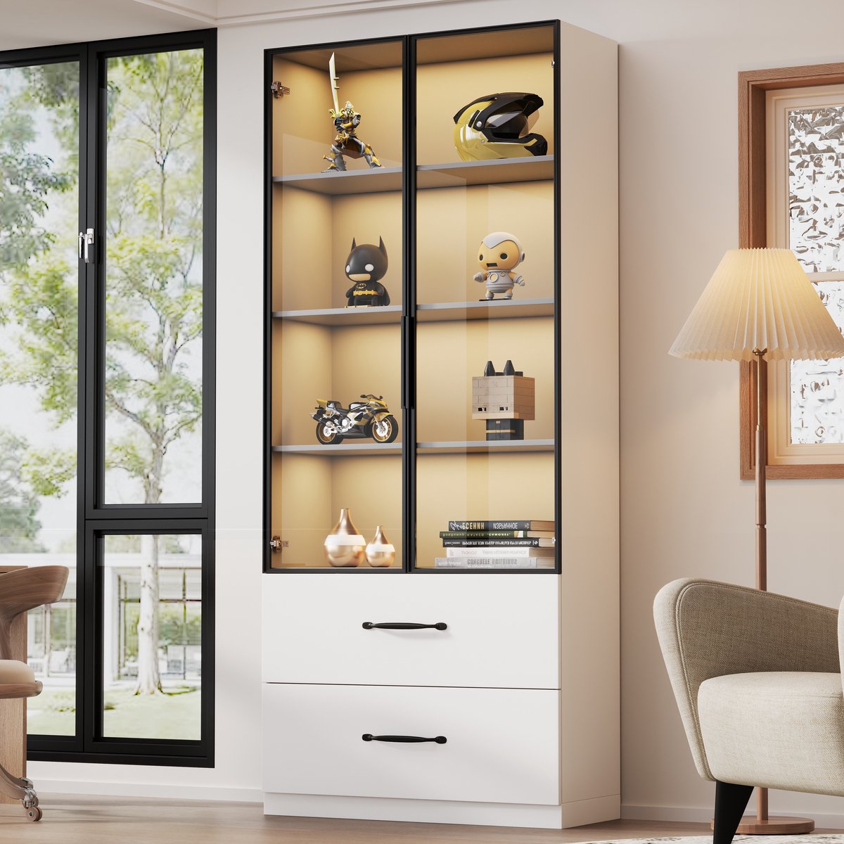 STILVORA Vitrinekast - LED En 2 Laden - Voor Woonkamer Of Slaapkamer - Spaanplaat En Glas