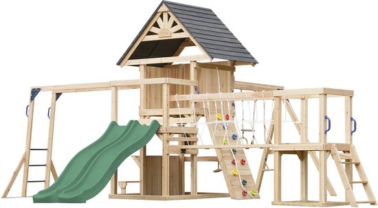 Aire de jeux en bois avec double toboggan vert, balançoires, mur d'escalade, pont de singe et petite maisonnette à toit noir.