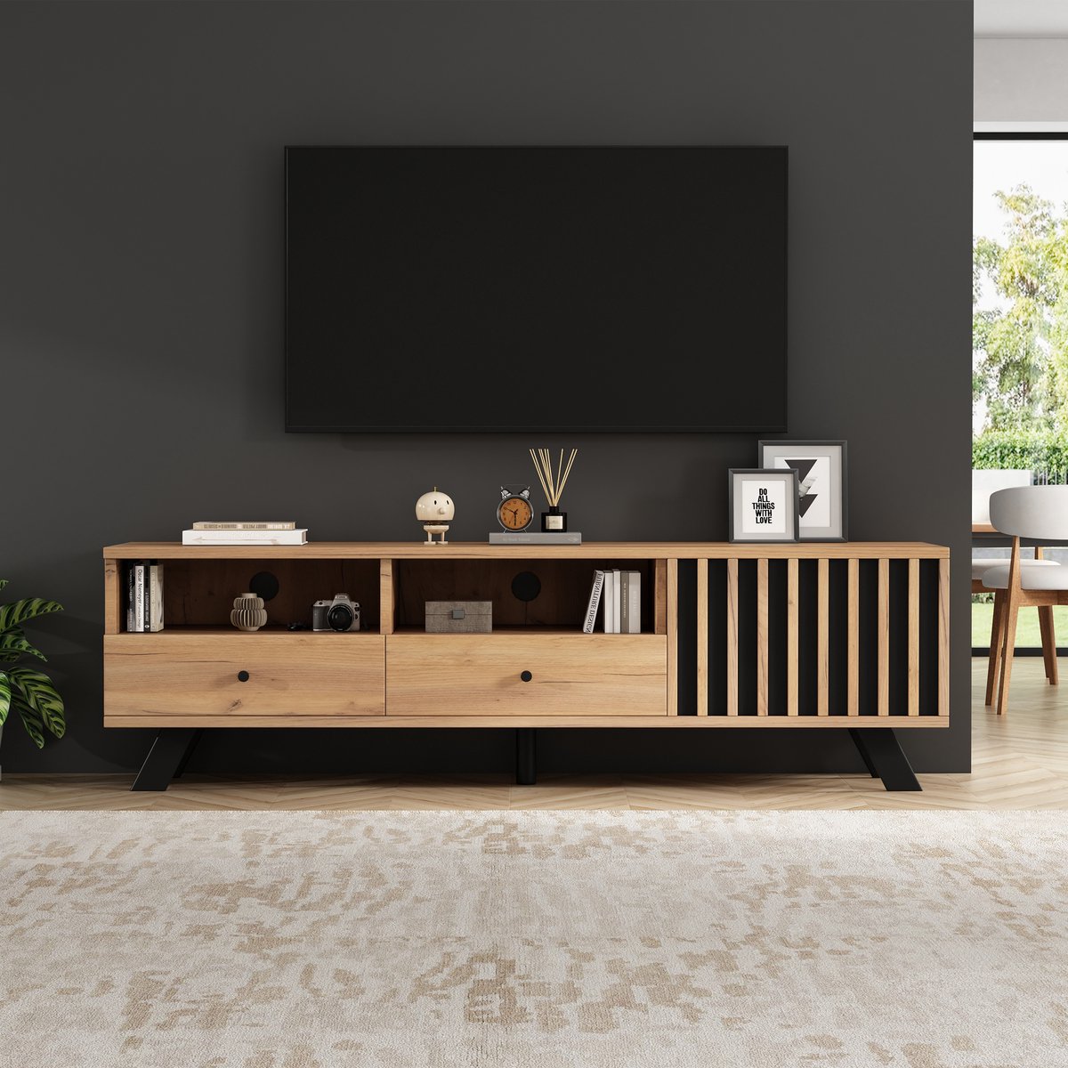 REDOM - Woonkamermeubelset - 5-Laagse Opbergruimte - Modern Scandinavisch - Voor De Woonkamer - Houtkleur En Zwart