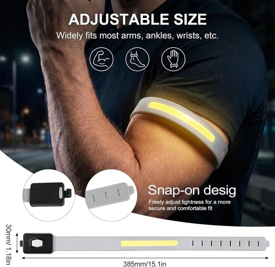 Grijze hoofdlamp van siliconen met gele LED-strip op de arm van een man. Snap-on design, 30mm/1.18in breed, 385mm/15.1in lang.