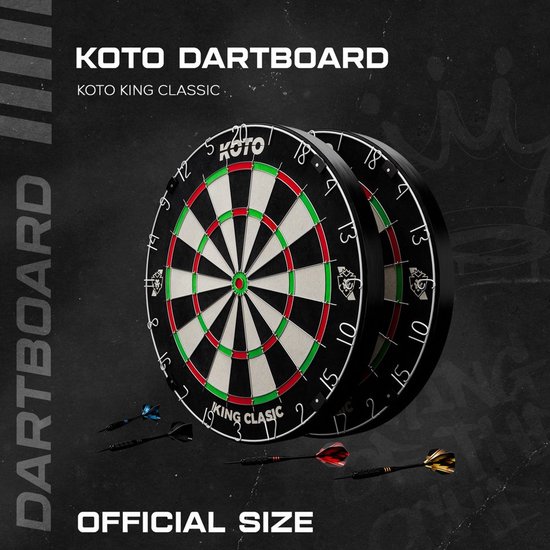 Twee KOTO King Classic dartborden, officieel formaat, met drie dartpijlen.