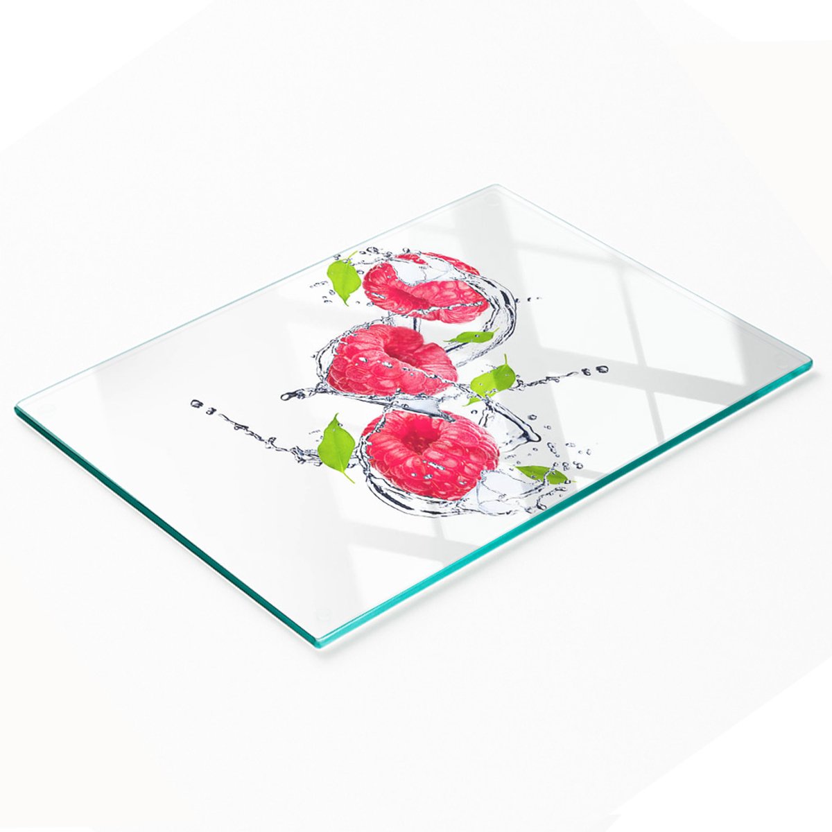 Keukenplank van gehard glas met decoratieve frambozen- en waterafbeeldingen, 80x52 cm