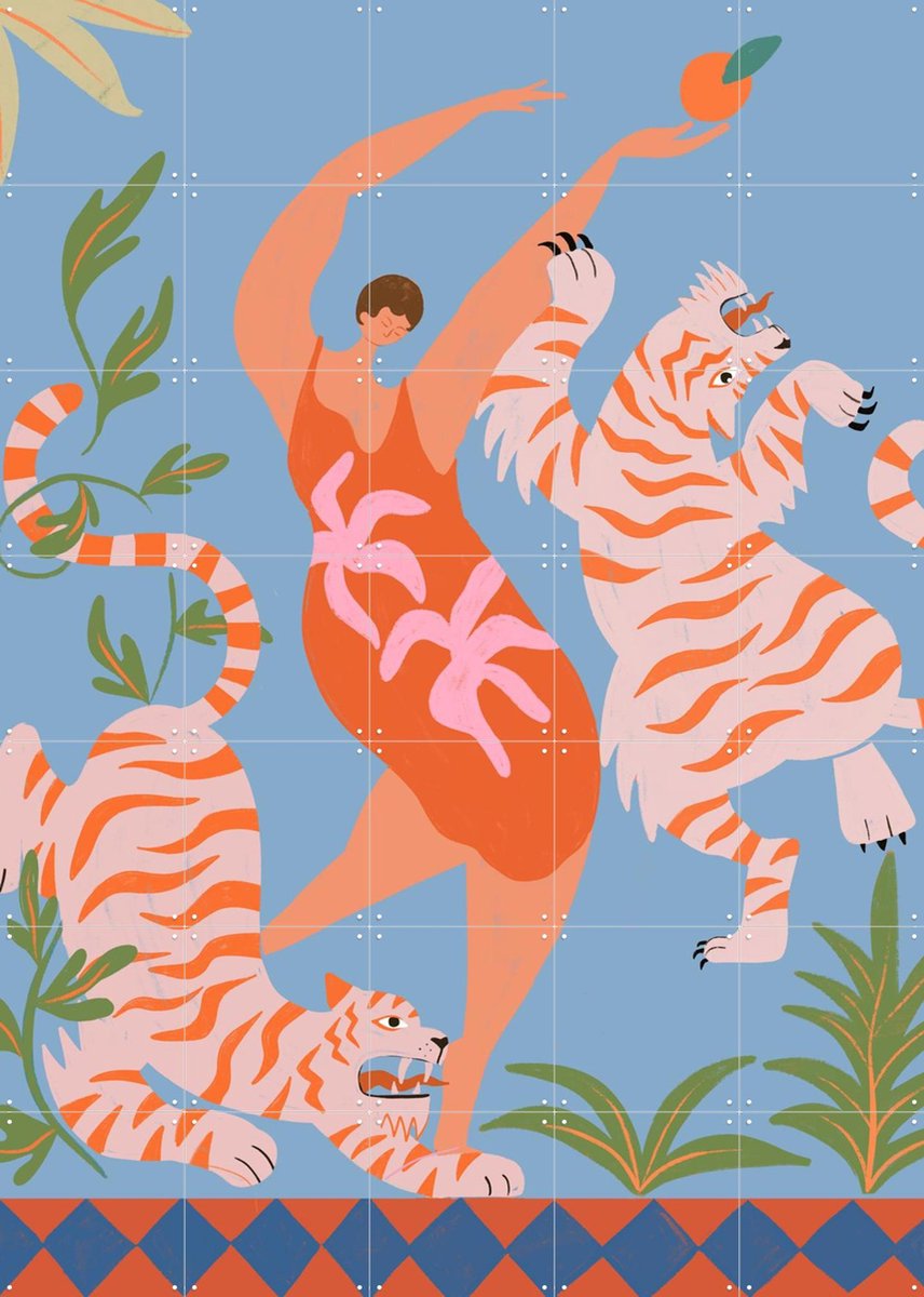 IXXI Dancing with Tiger, Arty Guava - 100 x 140 cm - Gratis ophangtool - Grote wanddecoratie en posters - Speels, Kleurrijk, Cartoonesk, Illustraties