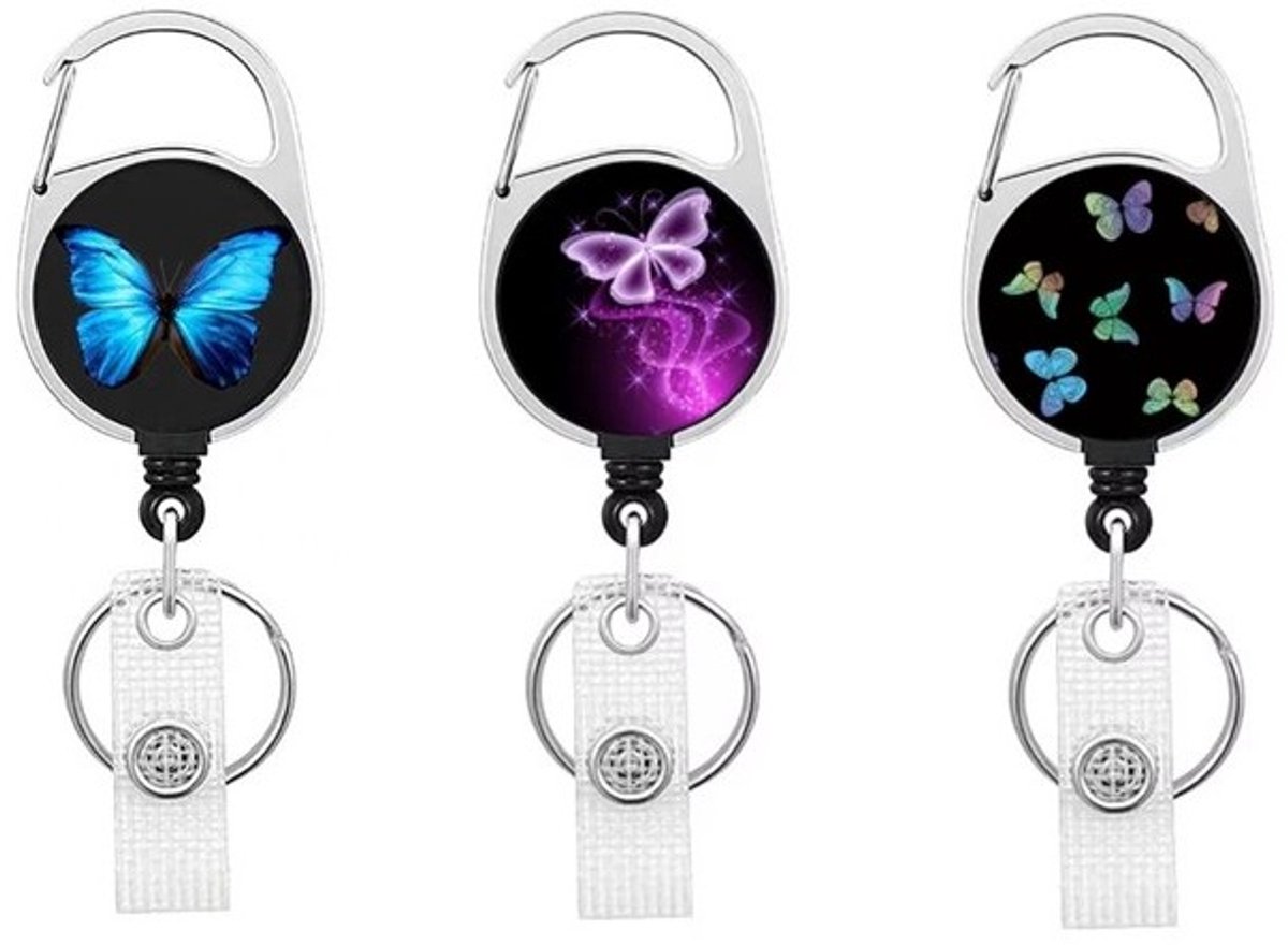 Mj Joys® - Badgehouder met trekkoord - 3-delige Set - Vlinderontwerp - Uitschuifbare Badgehouder met Clip - Badgehouder met afrolmechanisme - Badgehouder met trekkoord - Badge Houder - Badge - Badge houder verpleegkundige - Vlinder Blauw Paars