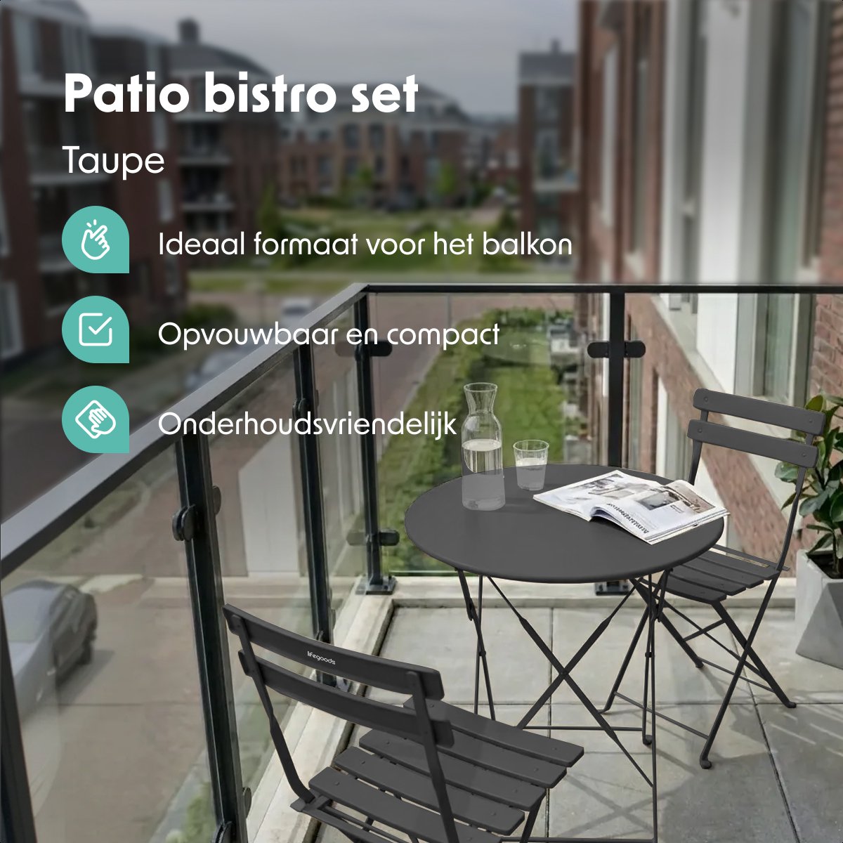 LifeGoods Bistroset - Staal - 3-delig - Tuinset - Inklapbaar - Balkonset met Tafel - Weerbestendig - Donkergrijs – foto 2