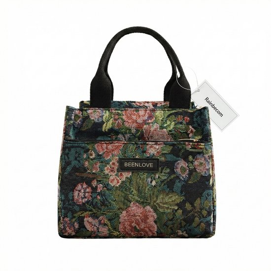 Sac à lunch noir à motif floral vibrant, présenté sur fond blanc.