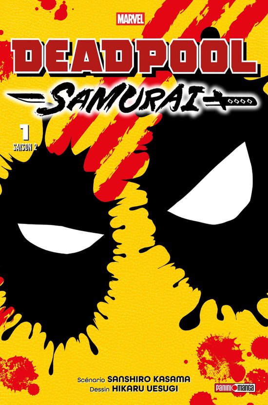 Deadpool Samurai 1 - Deadpool's iconische gezicht in zwart en wit, met rood-gele strepen en bloedspatten.