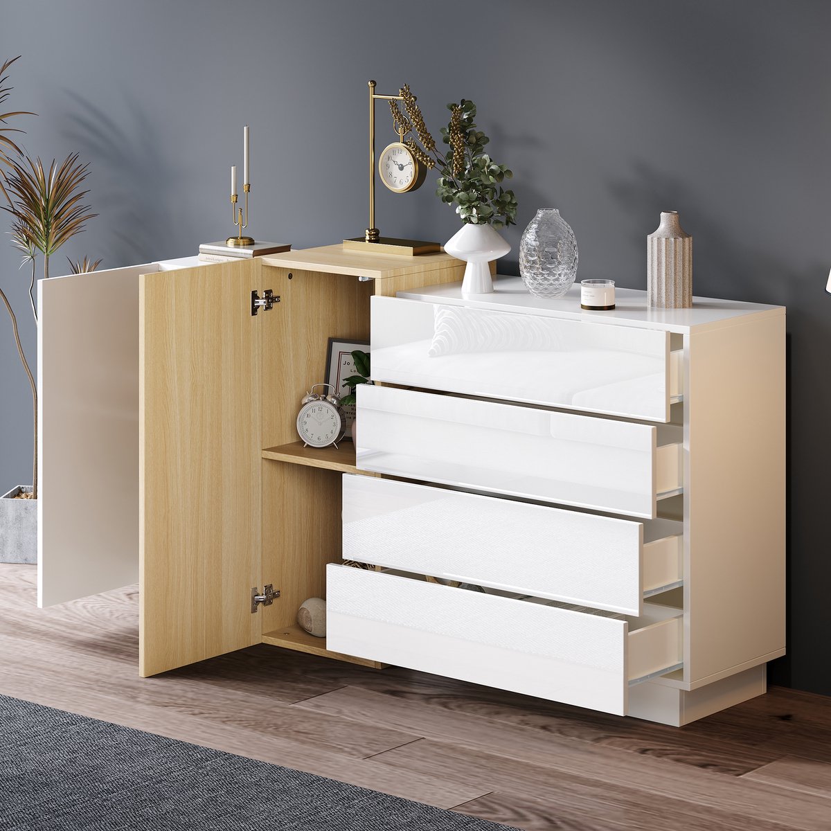 STILVORA Dressoir - Greeploos Push-To-Open Met 4 Lades En 2 Deuren - Voor Woonkamer Hal En