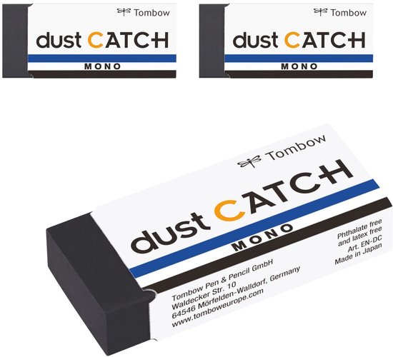 Twee Tombow Mono Dust Catch gummen met tekst op witte verpakking.