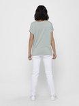 Model van achteren gezien in een mintgroen en wit gestreept t-shirt met omgerolde mouwen.
