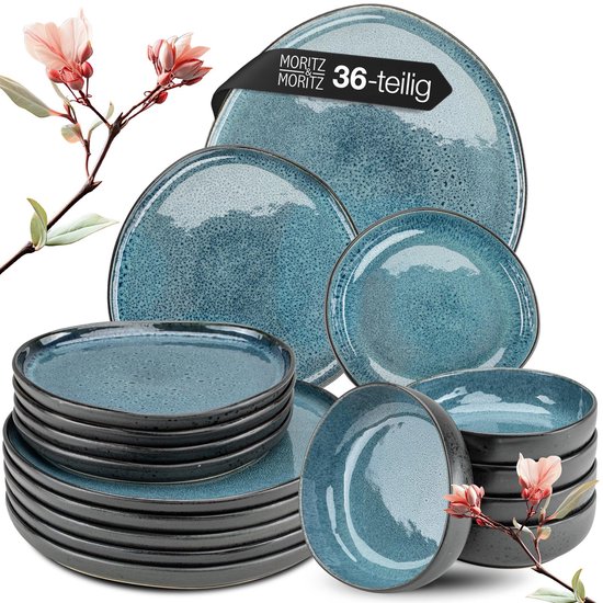 Moritz & Moritz ORGANIC 36-delige Serviesset voor 6 Personen – Modern Bordenset Blauw – Aardewerk - Combinatieset met dinerborden, dessertborden, soepborden en ontbijtkommen