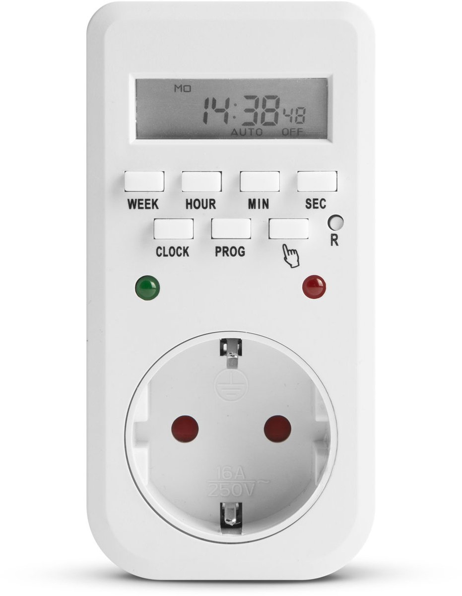 Digitale Tijdschakelaar - Programmeerbaar - Met LED-Indicatie & LCD-display - 8 Programma’s - 250V / 16A - Energiespaar Timer voor Apparaten, Tuinberegening, Verlichting - IP20 - Wit [20298B]