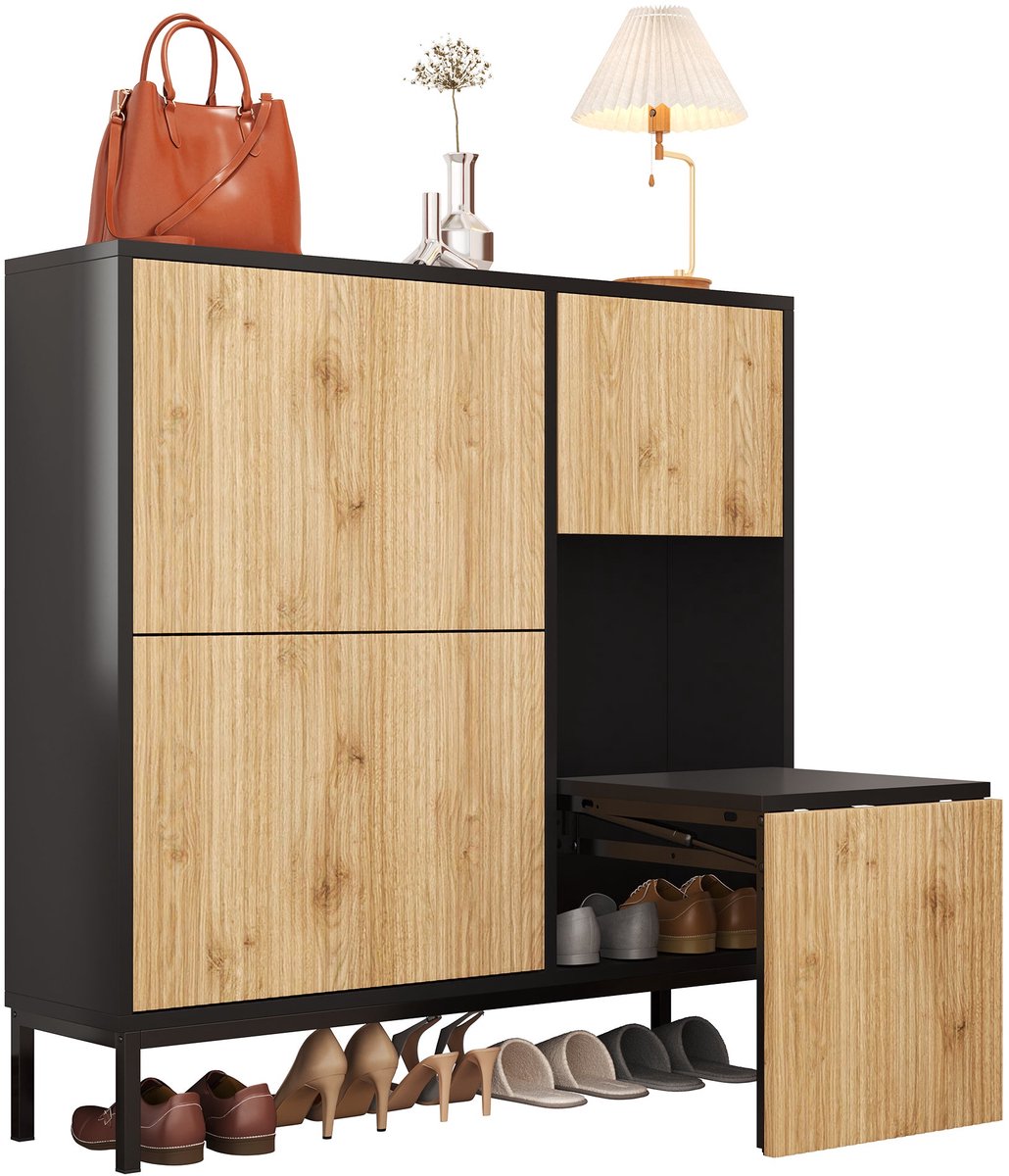 Merax Schoenenkast met Uittrekbare Zitbank 100x25x100 cm – Schoenenkast met 3 Kleppen en Open Vakken – Opbergruimte voor ca. 12-16 Paar – Zwart en Houtkleur