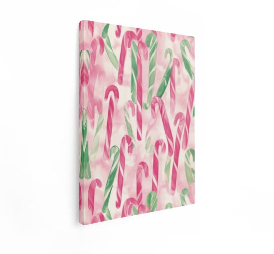Artaza Canvas Schilderij Zuurstokken - 90x120 cm - Wanddecoratie Kerst - Muurdecoratie Roze - Decoratie Groen Snoep - Schilderijen Op Canvas