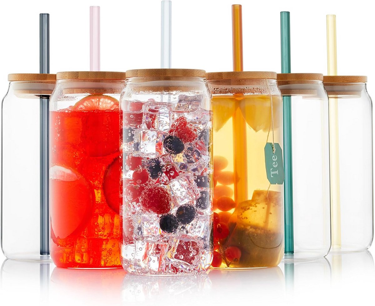 Set van 12 Glazen Drinkbekers met Deksel en Rietjes voor Smoothies, 400 ml