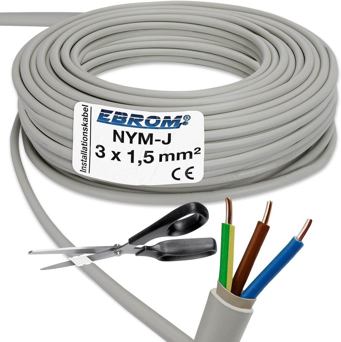 Installatiekabel NYM-J 3x1,5 mm² - 50 Meter PVC - Grijs voor Vaste Installatie