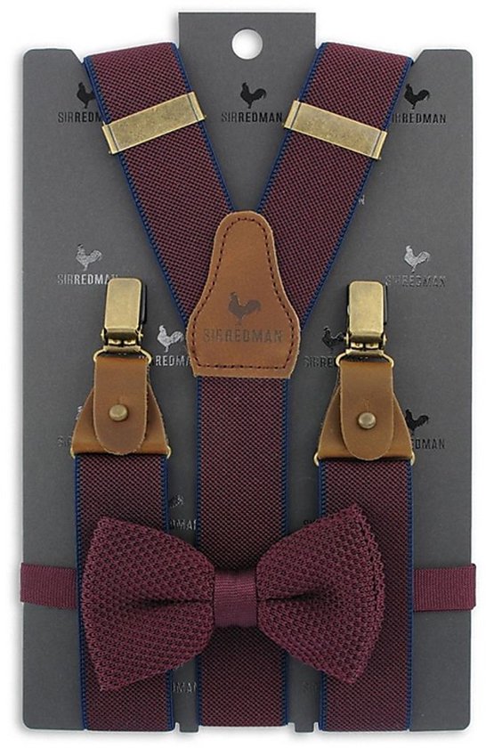 Bordeauxrode bretels met aubergine en blauwe accenten, bijpassende strik.