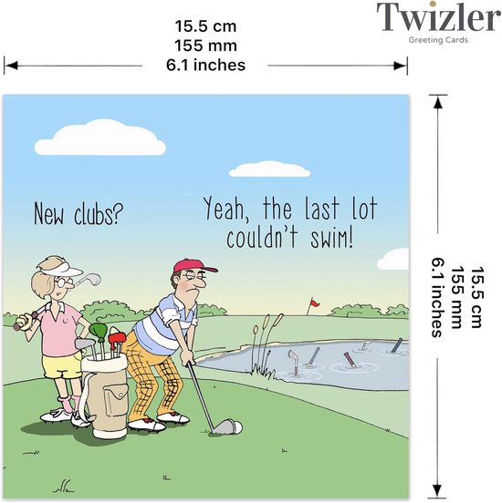 Grappige wenskaart met golfer en golfclubs - blanco kaart voor diverse gelegenheden — afbeelding 4