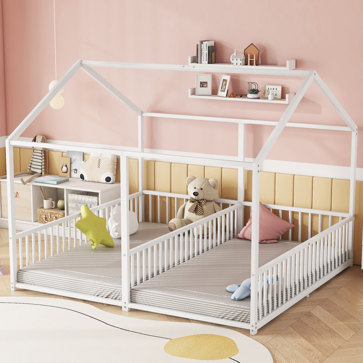 MODFU Ledikant 90x200 cm van metaal – wit – met huisvormig ontwerp, trap en veiligheidshekken – stapelbed voor 2 kinderen