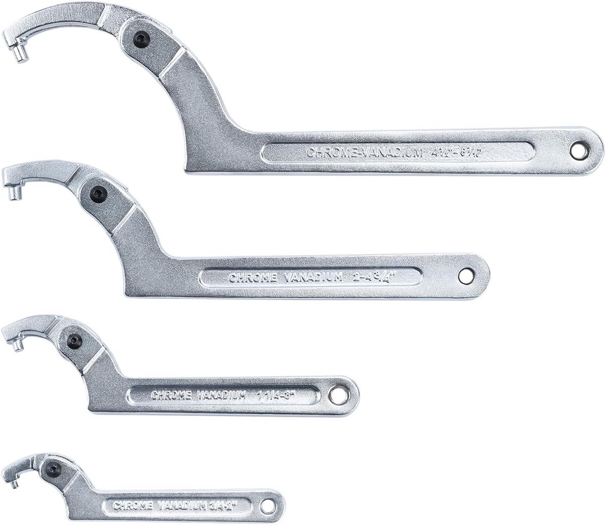 Verstelbare Pin Steeksleutel Set - Haaksleutel Gereedschap - Leidingen Monteren - 4 Verschillende Maten - Tot 6-7/10" - Zilver